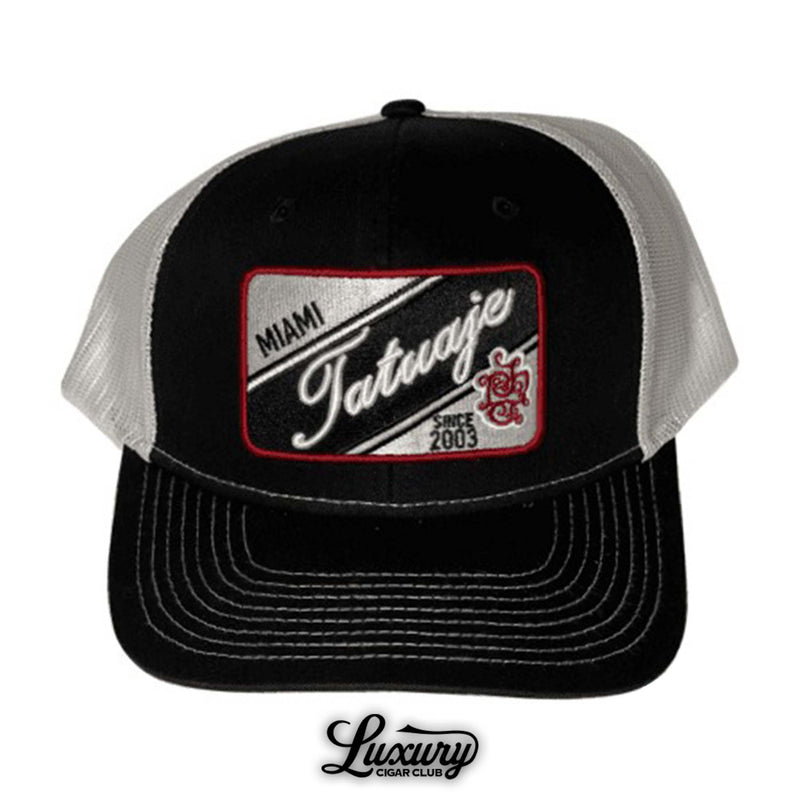 Tatuaje snapback patch trucker hat in black and grey with embroidered Miami Tatuaje logo since 2003 available at Luxury Cigar Club