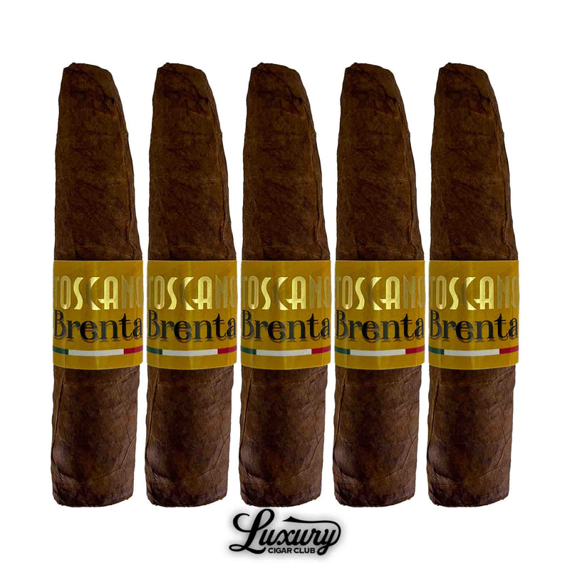 Five-pack of Toscano Brenta cigars with dark brown wrappers and gold bands, displayed upright with Luxury Cigar Club logo