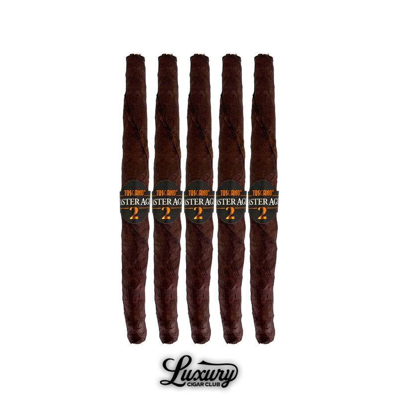 Five Toscano Master Aged Serie 2 cigars lined up in a row showing dark, rustic tobacco leaves and black and gold “Master Aged 2” bands, presented by Luxury Cigar Club.