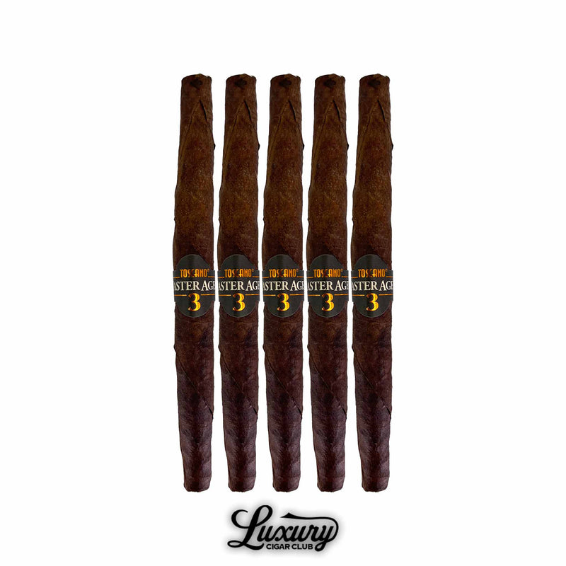 Five Toscano Master Aged Serie 3 cigars arranged upright, showcasing rich brown wrappers and black and orange bands labeled “Master Aged 3,” featured by Luxury Cigar Club.