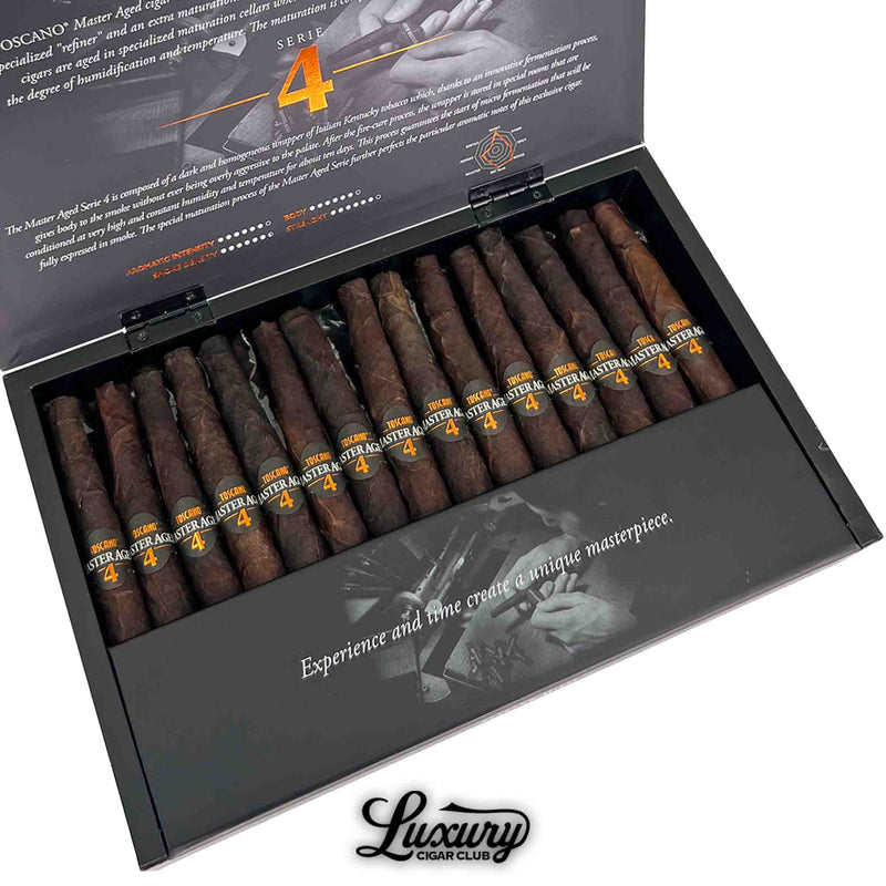 Close-up of Toscano Master Aged Serie 4 box showing neatly arranged dark cigars with “Master Aged 4” bands in gold and orange lettering, highlighting rustic, oily wrappers and premium presentation inside the open case.