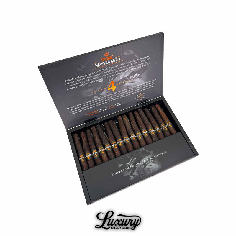 Open black box of Toscano Master Aged Serie 4 cigars from Luxury Cigar Club, featuring 20 dark brown cigars with black and orange bands labeled “Master Aged 4,” displayed against a branded inner lid describing the Serie 4 blend and aging process.