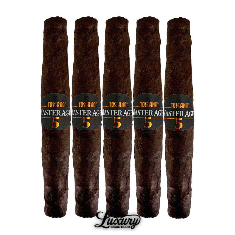Five-pack of Toscano Master Aged 5 cigars with dark brown wrappers and black bands, displayed upright with Luxury Cigar Club logo