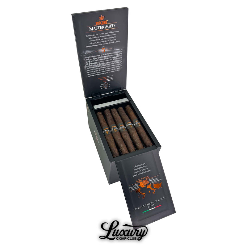 Open box of Toscano Master Aged Serie 5 cigars displaying ten dark brown cigars with black and gold bands, packaging details, and Luxury Cigar Club logo