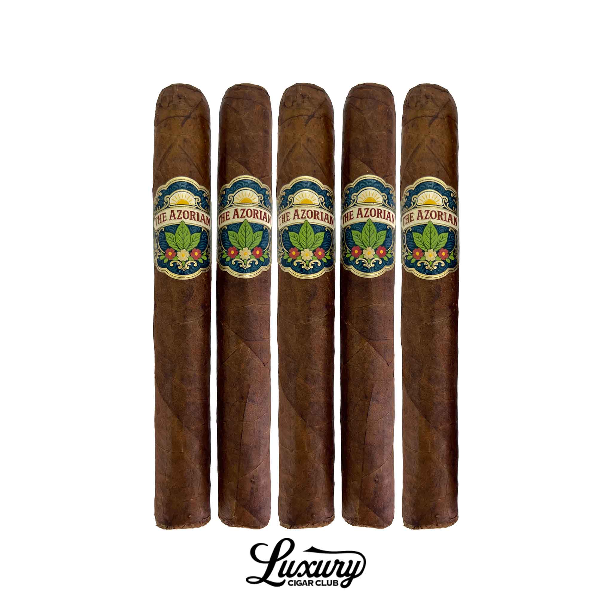 Five Tradecraft Azorian Corona Gorda cigars arranged upright against a light background, showcasing medium-brown wrappers and detailed Azorian bands with vibrant floral and tobacco leaf designs. Luxury Cigar Club.