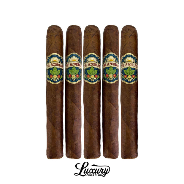 Five Tradecraft Azorian Corona Gorda cigars arranged upright against a light background, showcasing medium-brown wrappers and detailed Azorian bands with vibrant floral and tobacco leaf designs. Luxury Cigar Club.