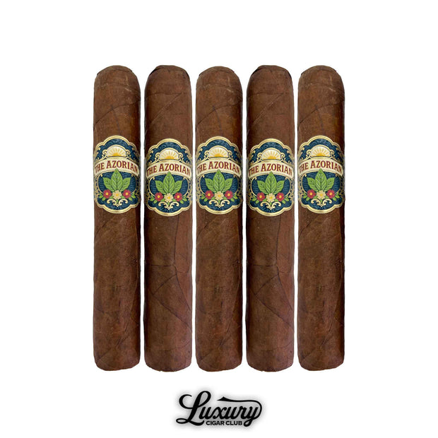 Tradecraft The Azorian Robusto cigars five pack displayed on black Valet cigar subscription box with decorative Azorian bands on brown wrapper cigars, Luxury Cigar Club