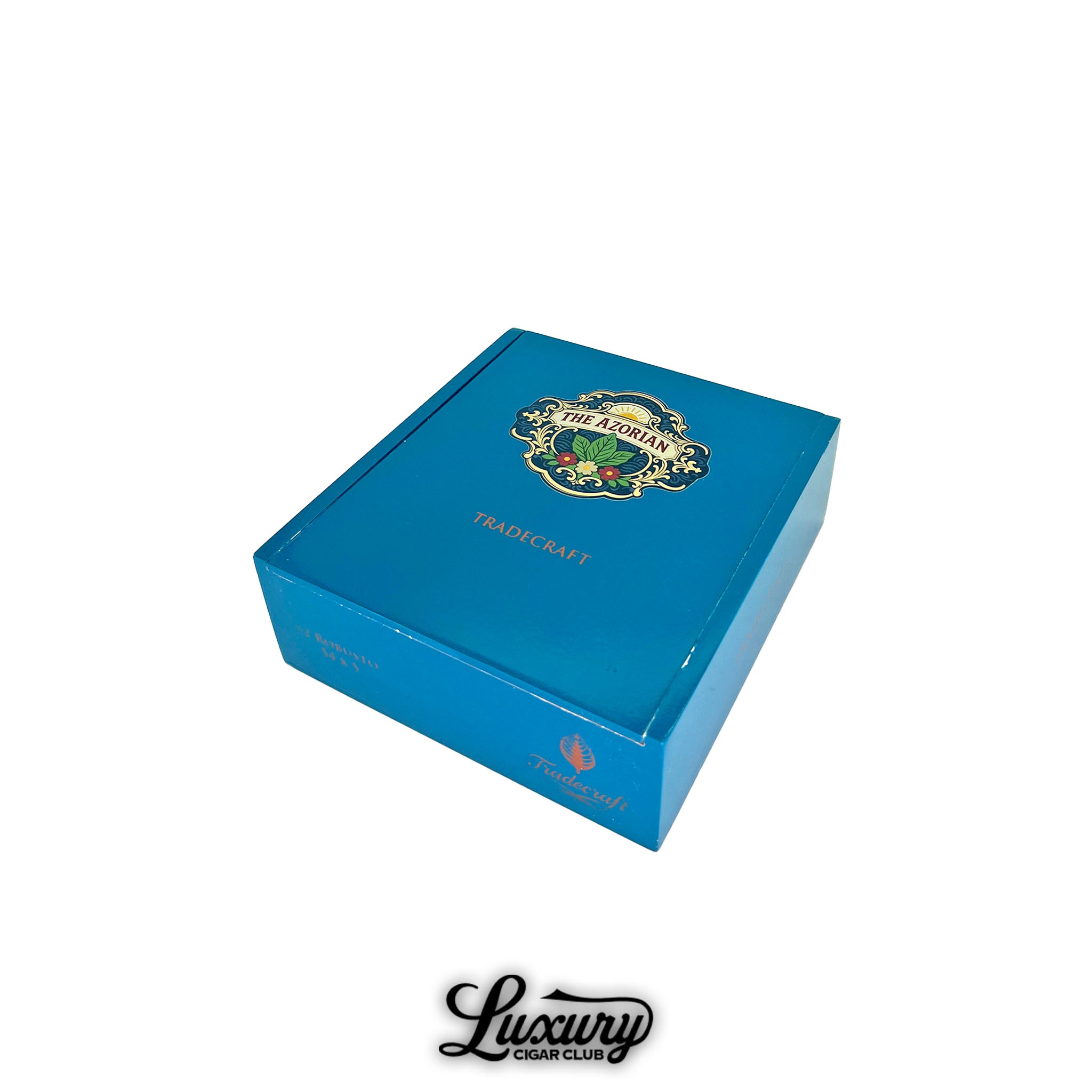 Tradecraft Azorian cigar box closed featuring teal blue packaging with The Azorian crest logo and Tradecraft branding Luxury Cigar Club
