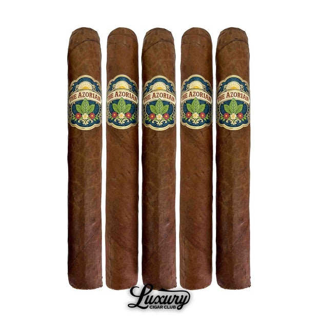 Tradecraft Azorian Toro cigars five pack showing aligned 6 x 52 cigars with balanced color wrappers and signature Azorian bands Luxury Cigar Club