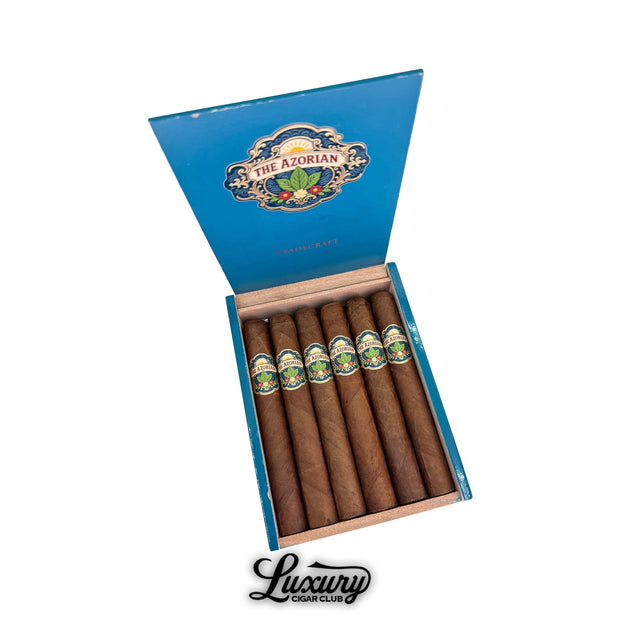 Tradecraft Azorian Toro cigars open box featuring 6 x 52 cigars with consistent medium brown wrappers and vibrant Azorian bands in branded wooden box Luxury Cigar Club