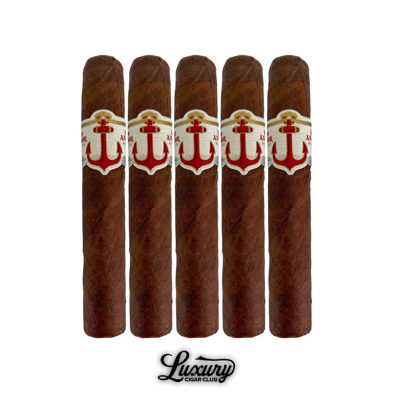 Five-pack of United Cigars Red Anchor Captain cigars aligned side by side, showcasing the iconic nautical-themed red anchor bands, available at Luxury Cigar Club.