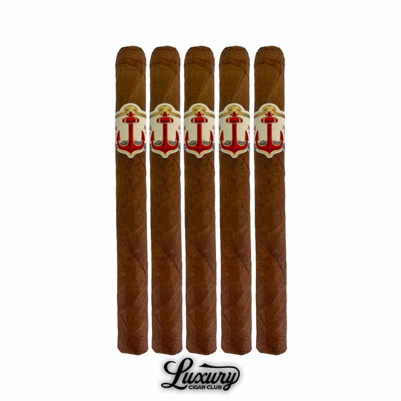 Five-pack of United Cigars Red Anchor Gunner cigars arranged in a row, emphasizing their classic design and quality presentation from Luxury Cigar Club.