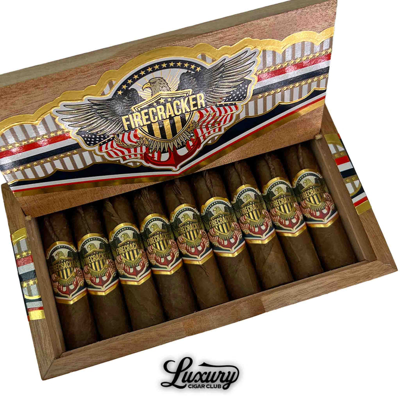 Close-up view of United Firecracker cigars with eagle crest and USA-inspired band design, boutique cigar collection.