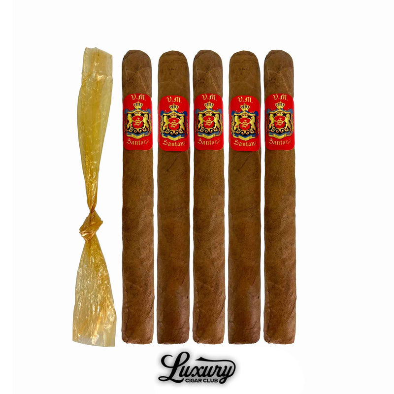 VM Santana Corona Connecticut USA Aged 29 Years 5 Pack from Luxury Cigar Club featuring five slender Connecticut shade cigars with red and gold VM Santana bands alongside original yellowed protective cello on a clean white background.