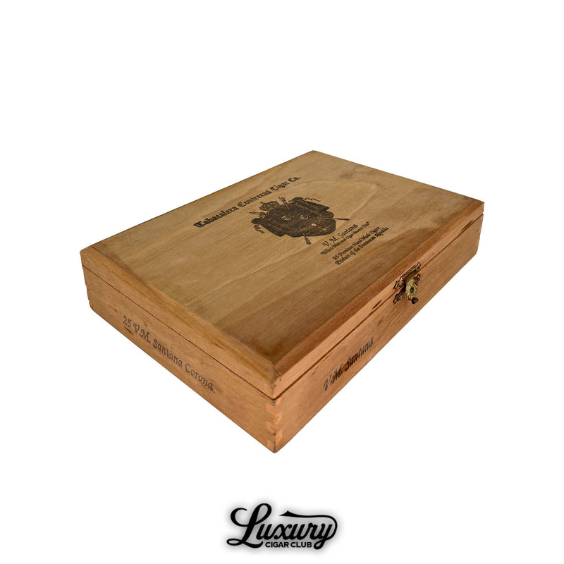 Luxury Cigar Club product photo showing the closed wooden box of VM Santana Corona Connecticut USA Aged 29 Years cigars featuring engraved branding and a natural wood grain finish.