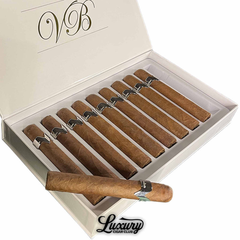 Close-up of Vicente Blends Precious Palladium Standard Toro Masterpiece cigars in their sleek white box, highlighting refined presentation and craftsmanship, presented by Luxury Cigar Club.