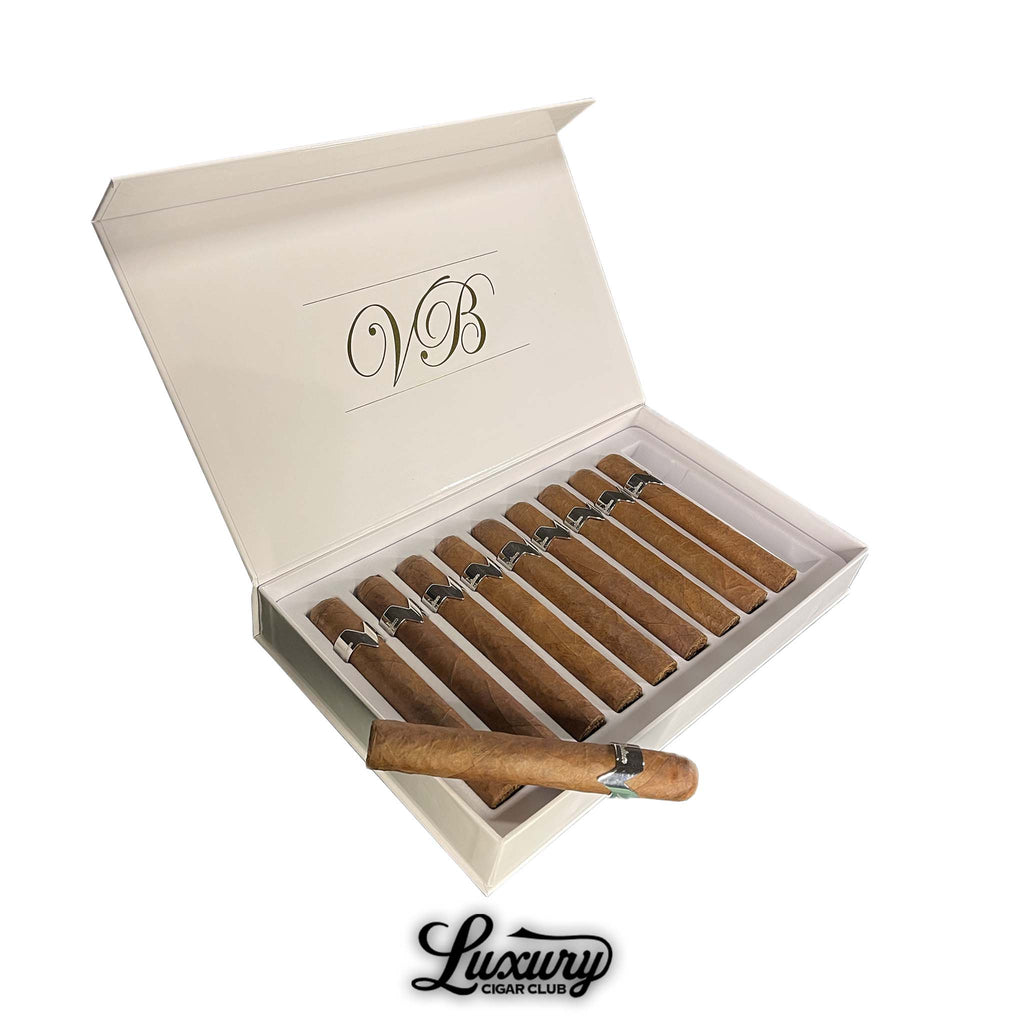 Vicente Blends Precious Palladium Standard Toro Masterpiece box of cigars, showcasing elegant light Connecticut wrappers and sophisticated VB branding, featured by Luxury Cigar Club.