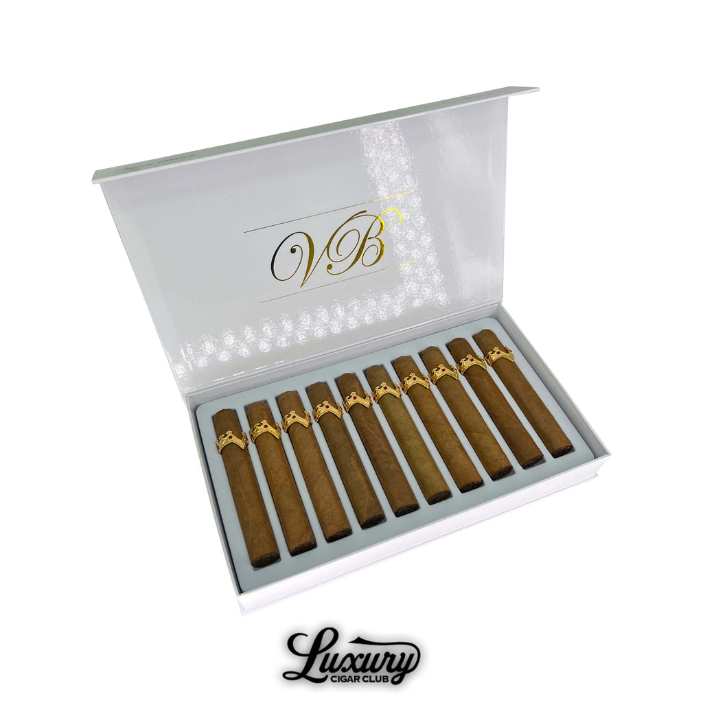 Vicente Blends Royalty Collection Honour Toro Masterpiece cigars elegantly displayed in a glossy white box with gold VB branding, showcasing their premium Connecticut-wrapped design, available at Luxury Cigar Club.