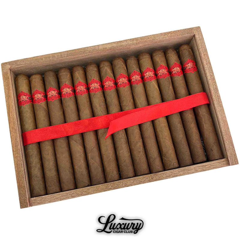 Close up of Warped Devil’s Hands Lonsdale cigars in a cedar tray tied with a red ribbon, showing red embossed Warped Devil’s Hands banding.