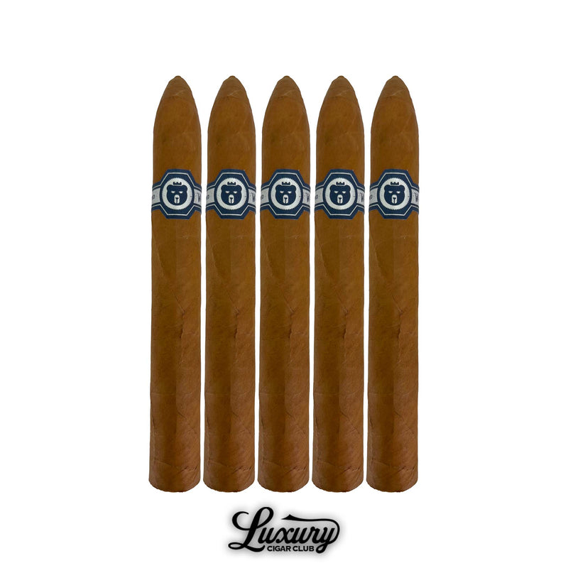 Five pack of Warped El Oso Blanco Limited Edition 2025 Belicoso cigars with light brown wrappers and silver and black bands, exclusive at Luxury Cigar Club