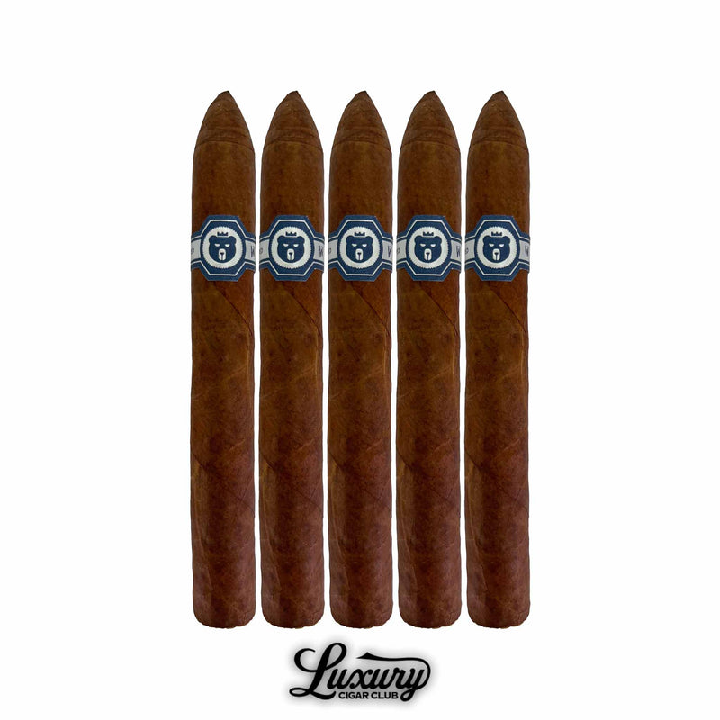 A lineup of five limited edition El Oso Belicoso cigars with rich brown wrappers and navy bands, presented by Luxury Cigar Club.