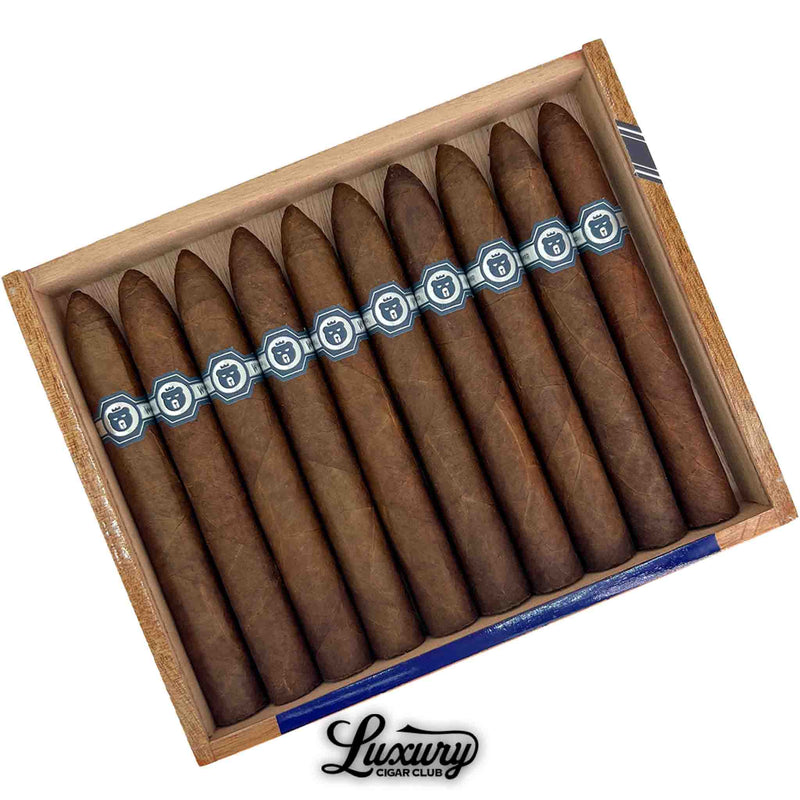 Detailed close up of Warped El Oso Limited Edition 2025 Belicoso cigars showcasing smooth dark brown wrappers and refined navy and silver cigar bands.