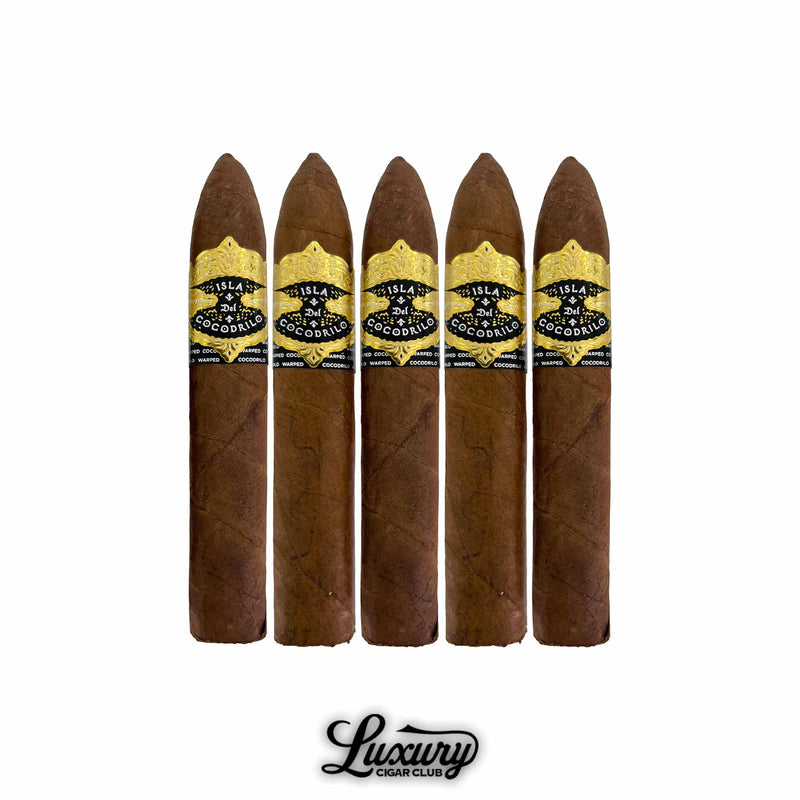 Warped Isla del Cocodrilo Croc Bites five-pack of petite torpedo cigars with gold and black labels, high-resolution product display by Luxury Cigar Club.