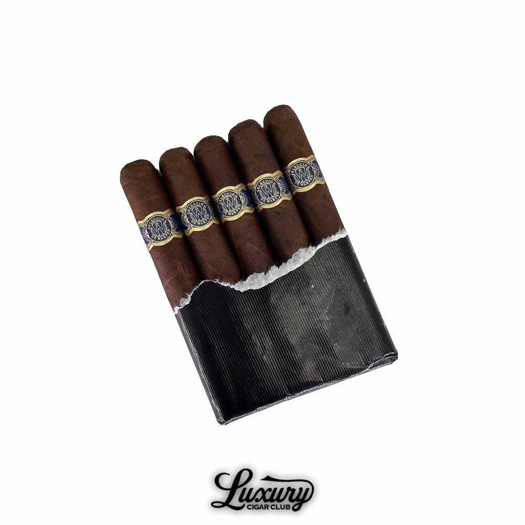 Warped Miami Maduro 475 Luxury Cigar Club Exclusive 5x47 Petit Churchill cigars partially unwrapped, showcasing dark Ecuadorian Habano Oscuro wrappers.