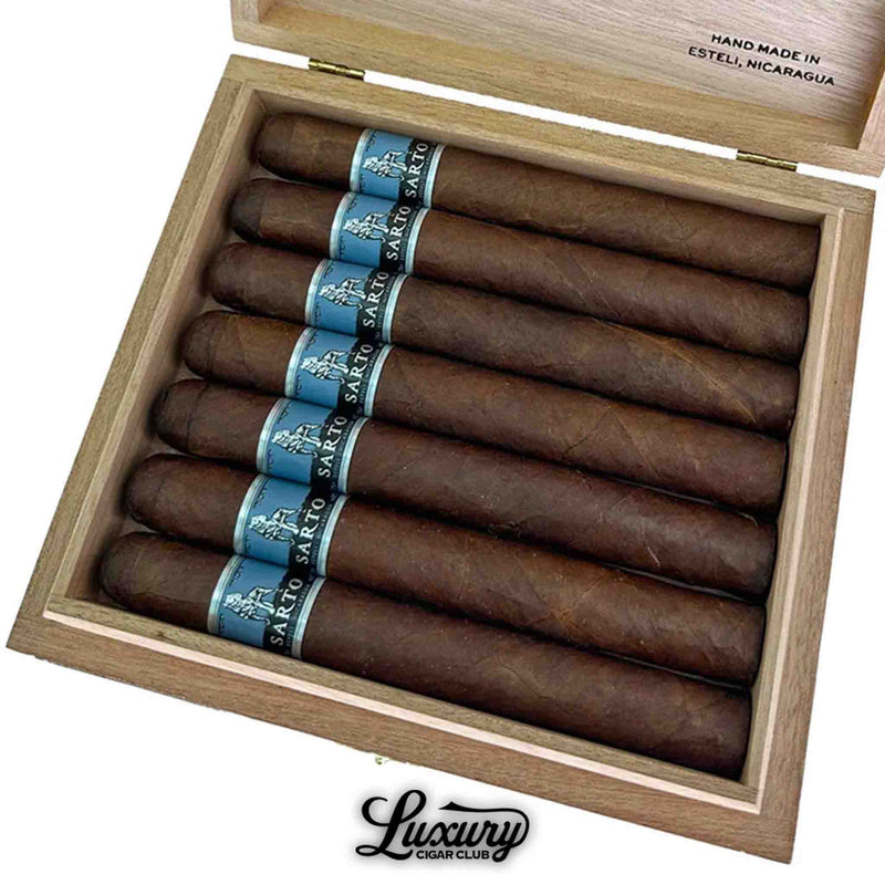 Close-up of Warped Sarto Connecticut Broadleaf Double Corona cigars in box – premium full-bodied cigars handmade in Estelí, Nicaragua, from Luxury Cigar Club