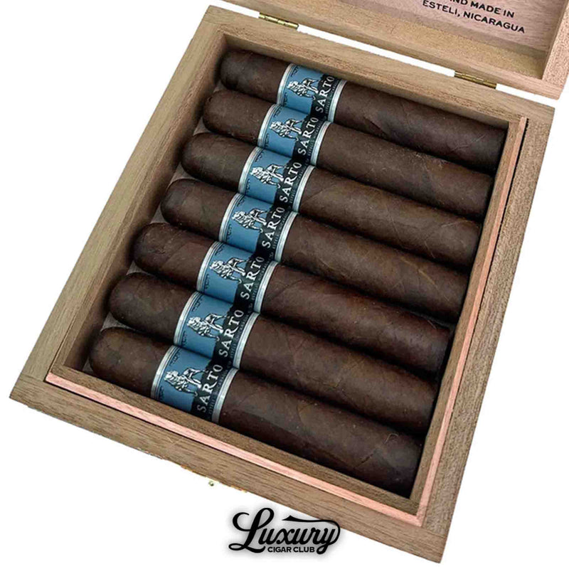 Close-up of Warped Sarto Connecticut Broadleaf Robusto cigars in open box – premium full-bodied cigars handcrafted in Estelí, Nicaragua, from Luxury Cigar Club