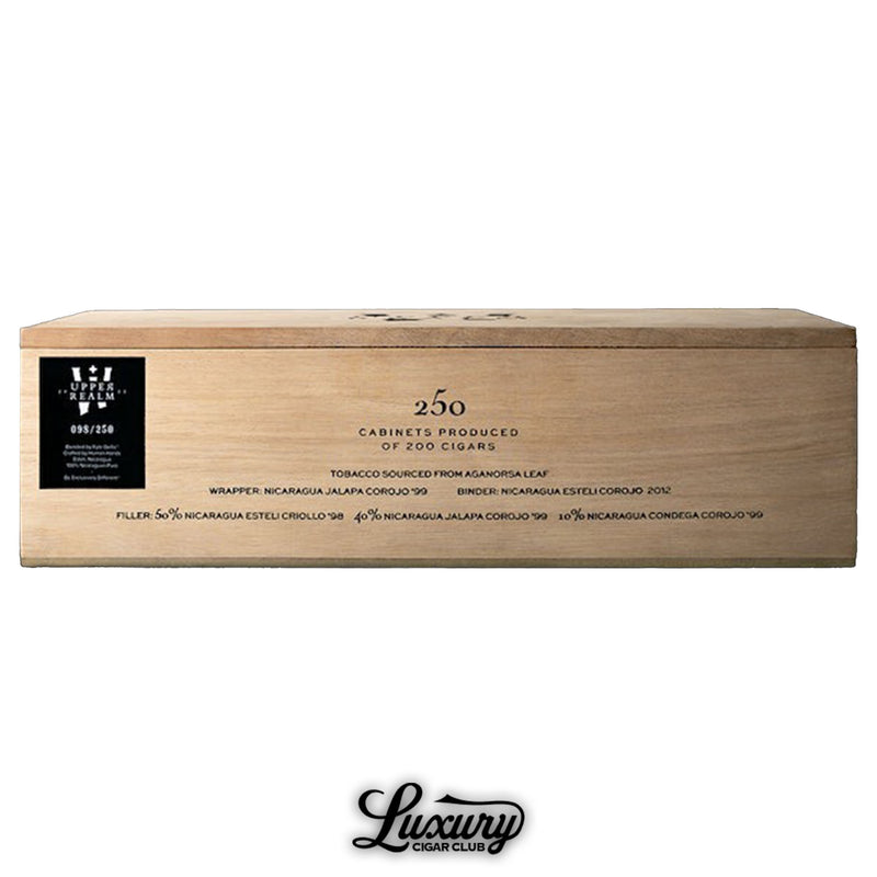 Side view of the Warped Upper Realm Limited Edition Robusto cabinet highlighting the blend details using Aganorsa Leaf tobacco and the limited production of 250 boxes, presented by Luxury Cigar Club.