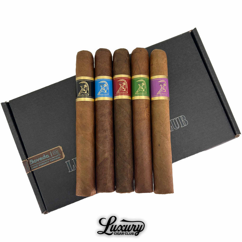 Fuente y Padrón Legends Limited Edition cigar sampler box featuring dual trays of cigars and tribute artwork, presented by Luxury Cigar Club.