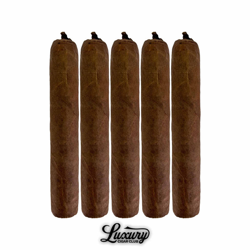 Five Wildfire Cottonwood cigars arranged in a row with rich brown wrappers and twisted pigtail caps, displayed against a white background with Luxury Cigar Club logo.