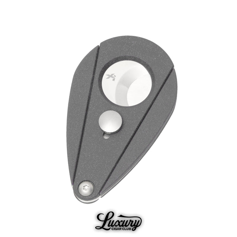 Xikar Xi2 cigar cutter in granite gray finish available at Luxury Cigar Club, offering a stylish teardrop design with razor-sharp stainless steel double blades.