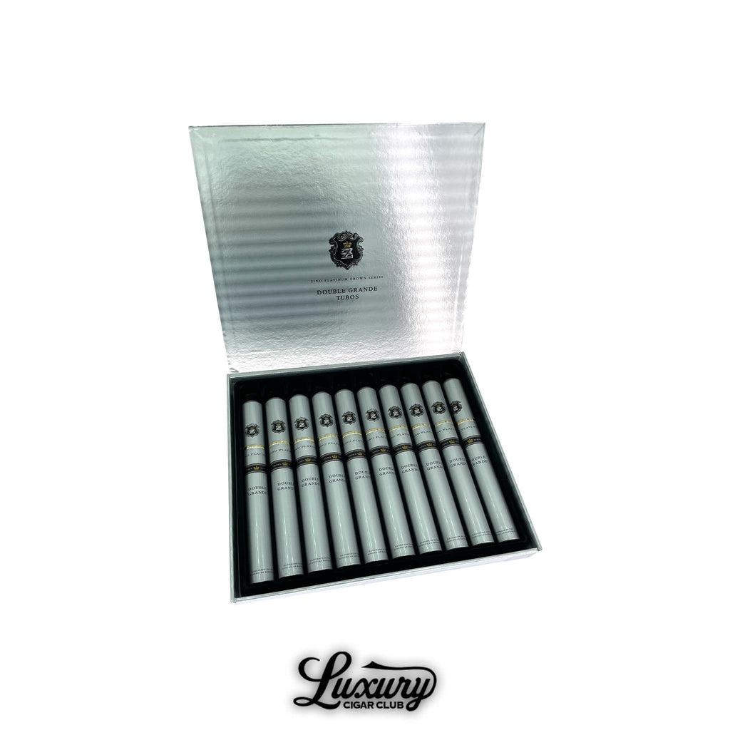 Zino Platinum Crown Series Double Grande Tubo cigars displayed in an elegant silver box, featuring sleek aluminum tubes, available at Luxury Cigar Club.