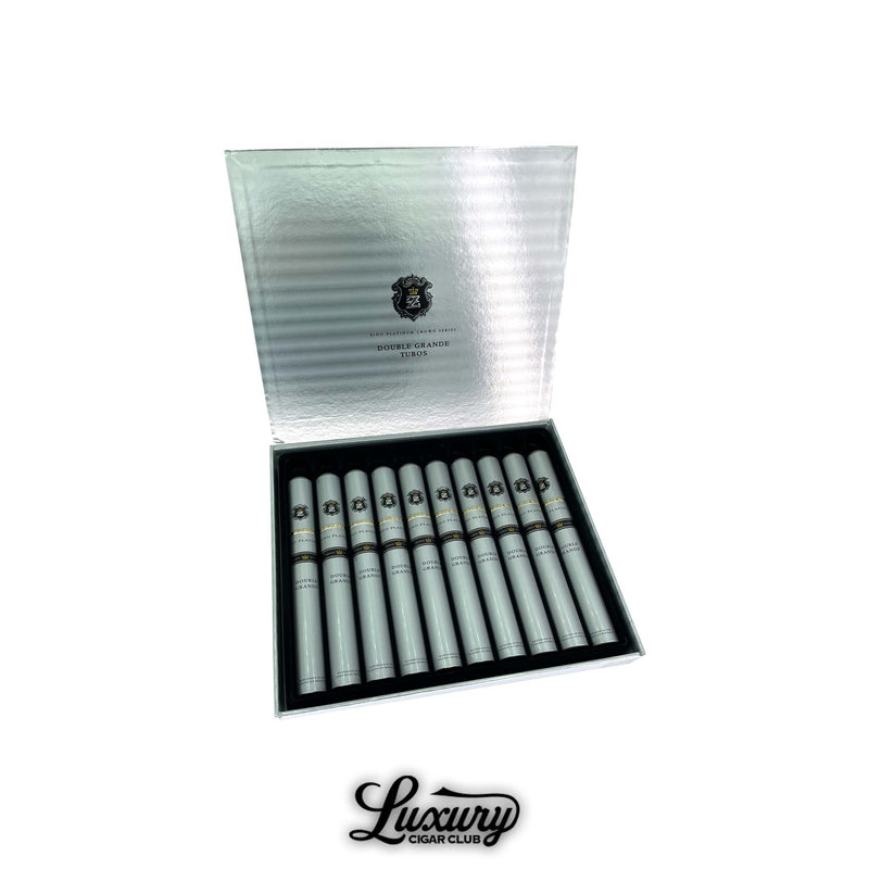 Zino Platinum Crown Series Double Grande Tubo cigars displayed in an elegant silver box, featuring sleek aluminum tubes, available at Luxury Cigar Club.