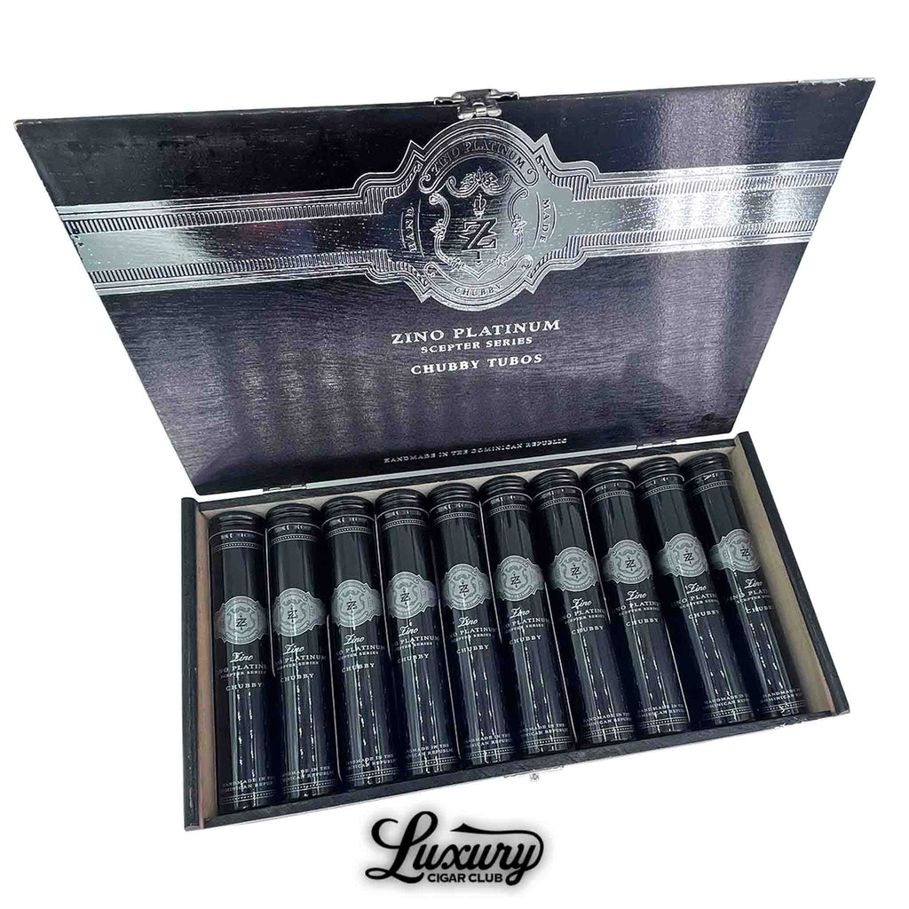 Zino Platinum Scepter Series Chubby Tubo cigars displayed in an elegant black box with silver detailing, showcasing luxurious black aluminum tubes with silver crests, presented by Luxury Cigar Club.